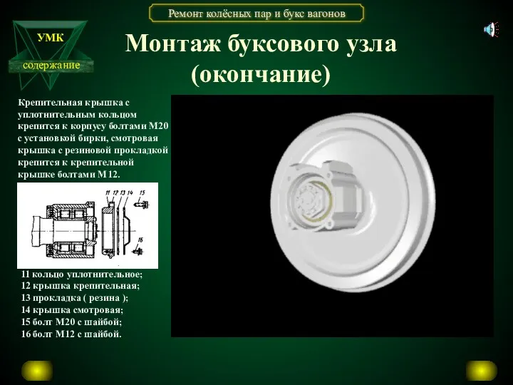 Монтаж буксового узла (окончание) Крепительная крышка с уплотнительным кольцом крепится к корпусу болтами