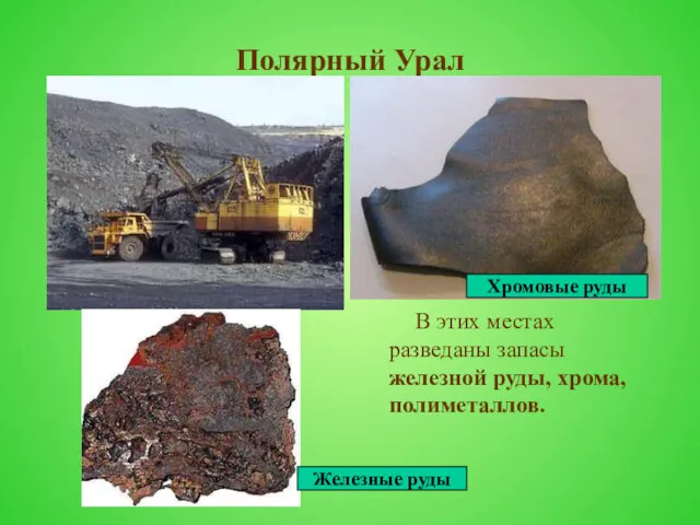 Полярный Урал В этих местах разведаны запасы железной руды, хрома, полиметаллов. Хромовые руды Железные руды
