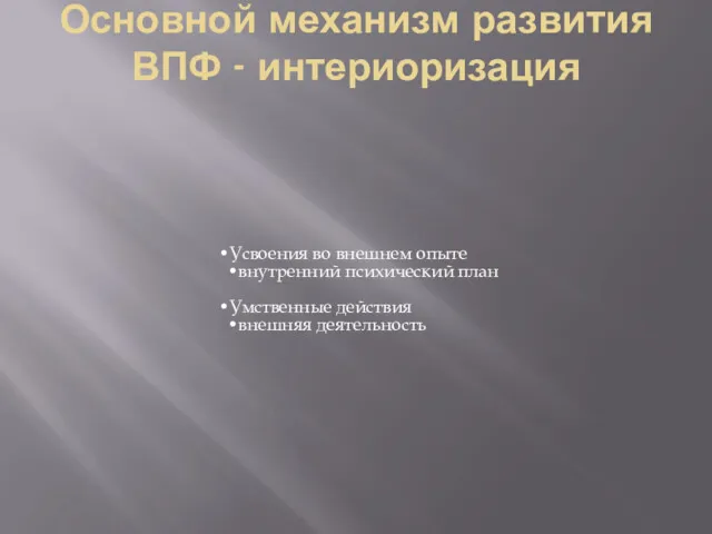 Основной механизм развития ВПФ - интериоризация Усвоения во внешнем опыте