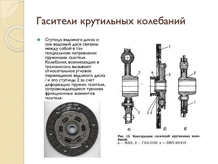 Гасители крутильных колебаний Ступица ведомого диска и сам ведо­мый диск