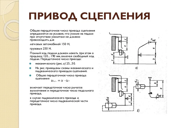 ПРИВОД СЦЕПЛЕНИЯ Общее передаточное число привода сцепления определяется из условия,