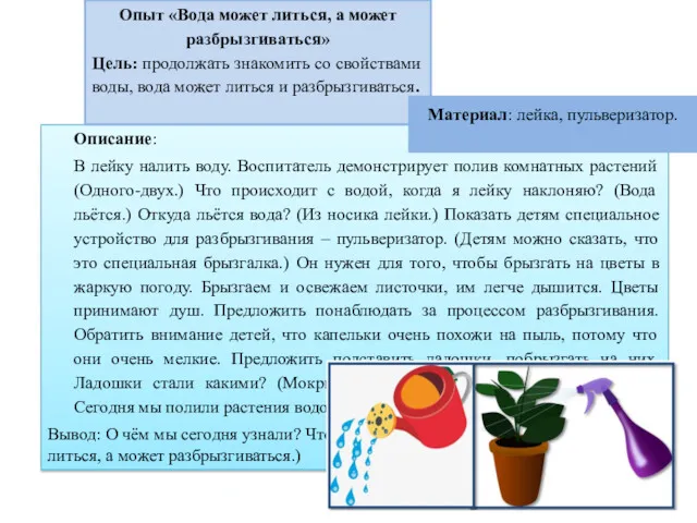 Описание: В лейку налить воду. Воспитатель демонстрирует полив комнатных растений