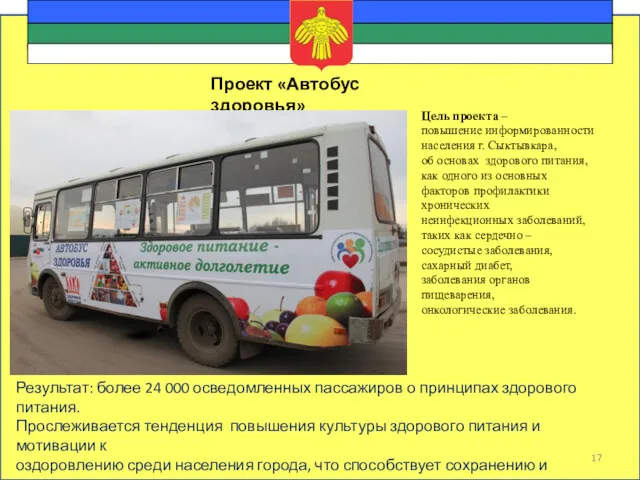 Проект «Автобус здоровья» Цель проекта – повышение информированности населения г. Сыктывкара, об основах
