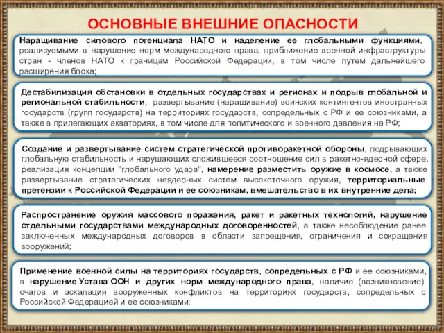 ОСНОВНЫЕ ВНЕШНИЕ ОПАСНОСТИ Наращивание силового потенциала НАТО и наделение ее