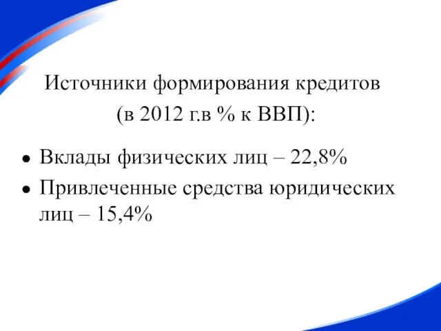 Источники формирования кредитов (в 2012 г.в % к ВВП): Вклады физических лиц –