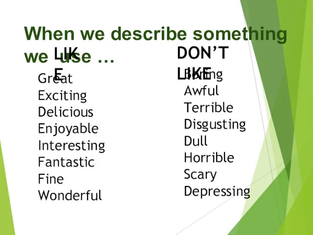 When we describe something we use … LIKE DON’T LIKE