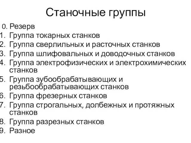 Станочные группы 0. Резерв Группа токарных станков Группа сверлильных и