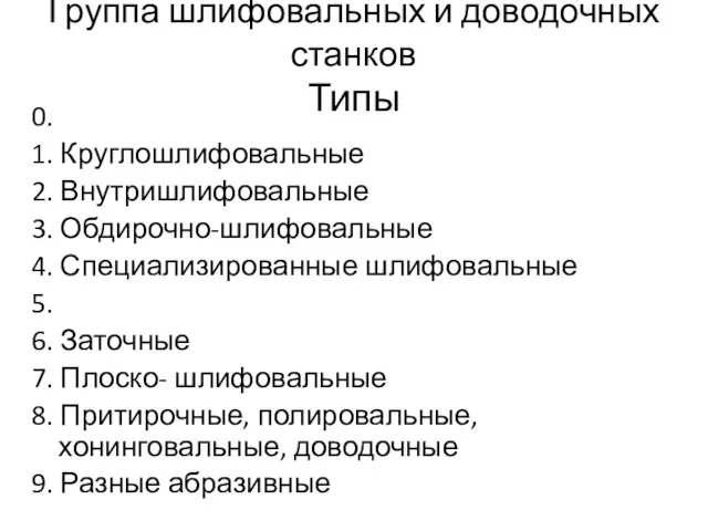 Группа шлифовальных и доводочных станков Типы 0. 1. Круглошлифовальные 2.