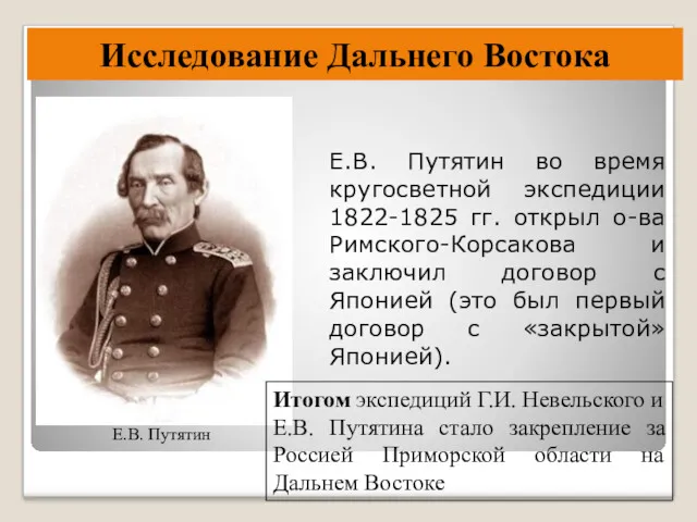Е.В. Путятин во время кругосветной экспедиции 1822-1825 гг. открыл о-ва