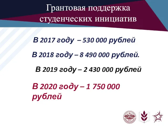 Грантовая поддержка студенческих инициатив В 2017 году – 530 000