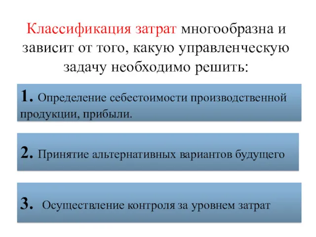 Классификация затрат многообразна и зависит от того, какую управленческую задачу