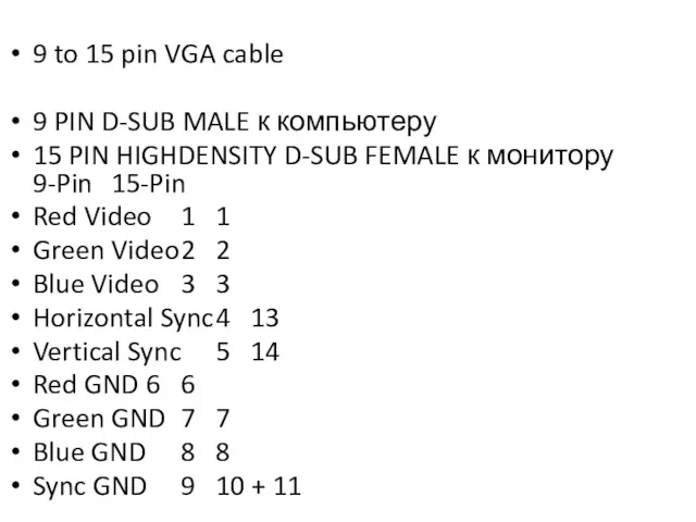 9 to 15 pin VGA cable 9 PIN D-SUB MALE