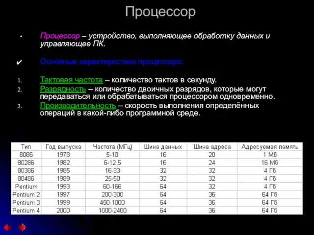 Процессор Процессор – устройство, выполняющее обработку данных и управляющее ПК.