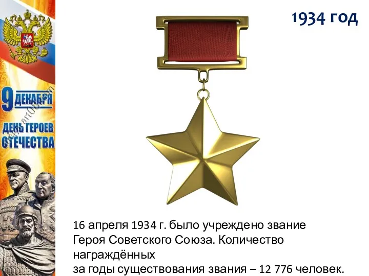 16 апреля 1934 г. было учреждено звание Героя Советского Союза.
