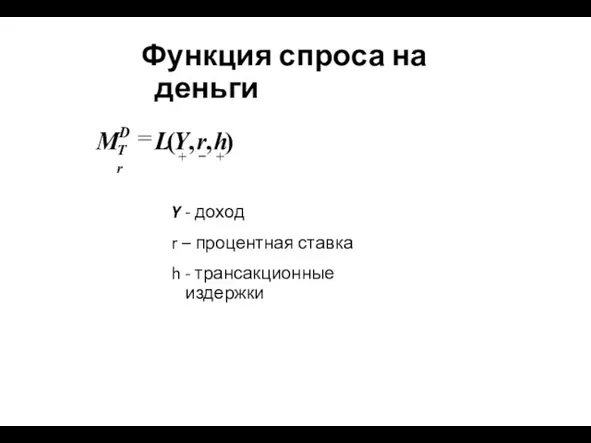 Y - доход r – процентная ставка h - трансакционные