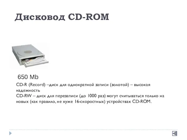 Дисковод CD-ROM 650 Mb CD-R (Record) –диск для однократной записи