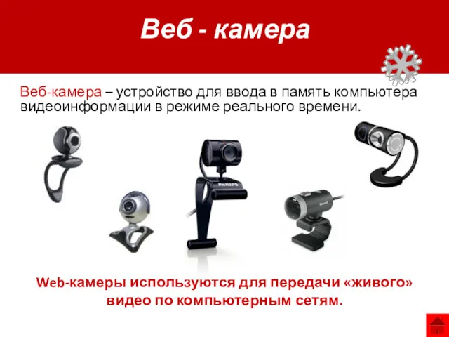 Web-камеры используются для передачи «живого» видео по компьютерным сетям. Веб-камера – устройство для