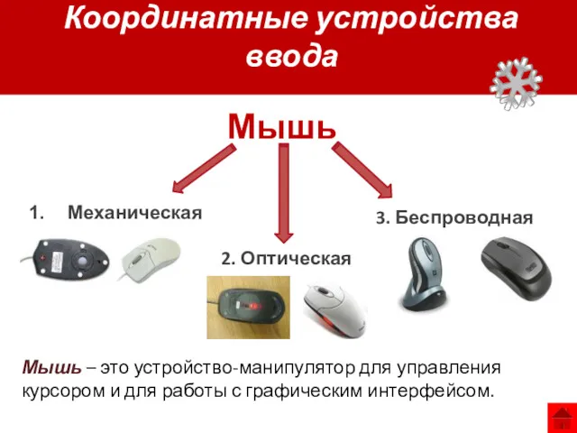 Координатные устройства ввода Механическая 2. Оптическая 3. Беспроводная Мышь Мышь