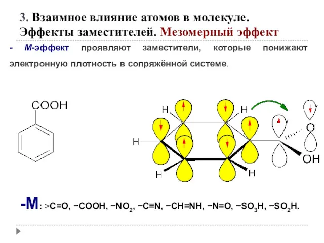 - М-эффект проявляют заместители, которые понижают электронную плотность в сопряжённой