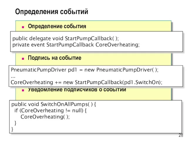 Определения событий Определение события Подпись на событие Уведомление подписчиков о