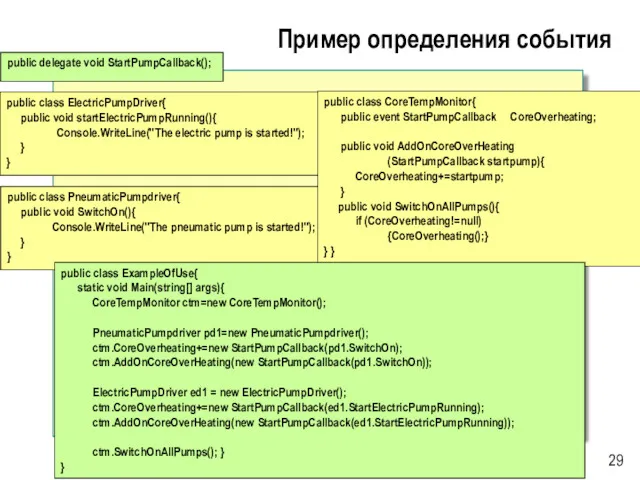 Пример определения события public class ElectricPumpDriver{ public void startElectricPumpRunning(){ Console.WriteLine("The