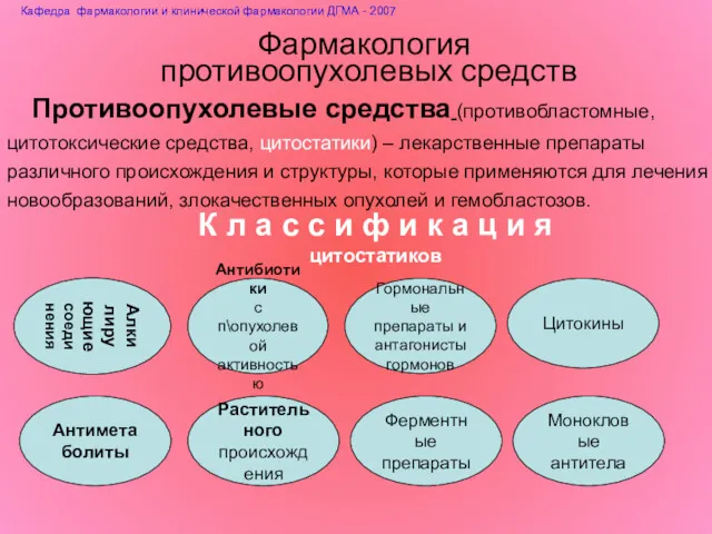 Фармакология противоопухолевых средств Противоопухолевые средства (противобластомные, цитотоксические средства, цитостатики) –