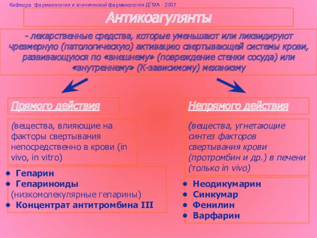 Антикоагулянты - лекарственные средства, которые уменьшают или ликвидируют чрезмерную (патологическую)