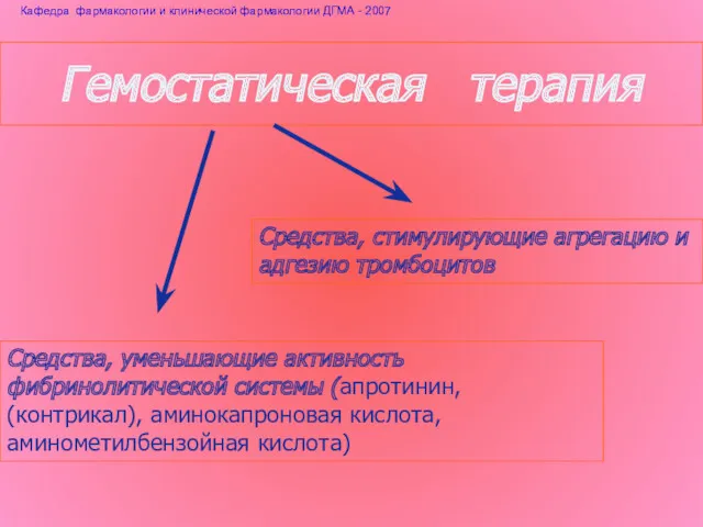 Гемостатическая терапия Средства, стимулирующие агрегацию и адгезию тромбоцитов Средства, уменьшающие