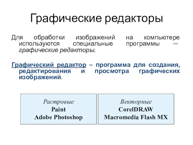 Графические редакторы Для обработки изображений на компьютере используются специальные программы