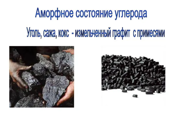 Аморфное состояние углерода Уголь, сажа, кокс - измельченный графит с примесями