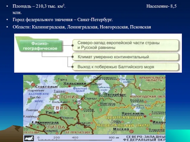 Площадь – 210,3 тыс. км2. Население- 8,5 млн. Город федерального значения – Санкт-Петербург.