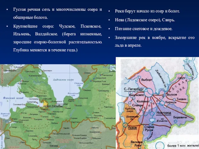 Густая речная сеть и многочисленны озера и обширные болота. Крупнейшие озера: Чудское, Псковское,