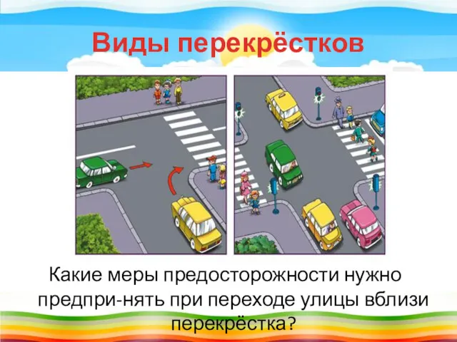 Виды перекрёстков Какие меры предосторожности нужно предпри-нять при переходе улицы вблизи перекрёстка?