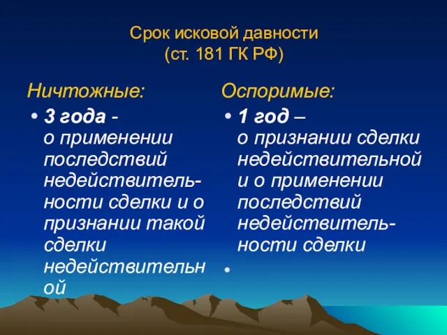 Срок исковой давности (ст. 181 ГК РФ) Ничтожные: 3 года