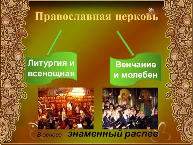 Православная церковь В основе – знаменный распев Литургия и всенощная Венчание и молебен