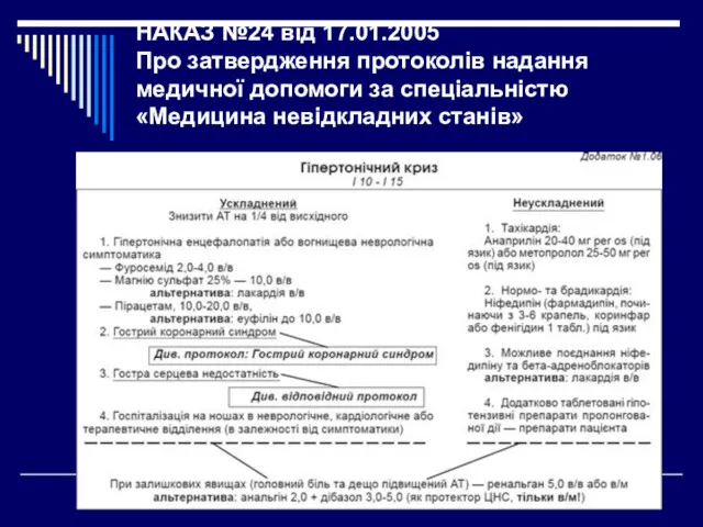 НАКАЗ №24 від 17.01.2005 Про затвердження протоколів надання медичної допомоги за спеціальністю «Медицина невідкладних станів»