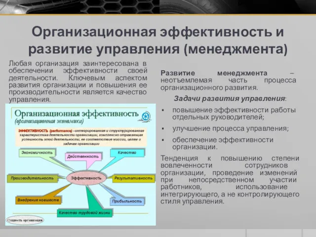 Организационная эффективность и развитие управления (менеджмента) Любая организация заинтересована в