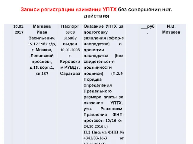 Записи регистрации взимания УПТХ без совершения нот. действия