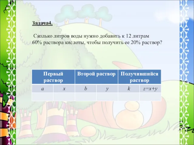 Задача4. Сколько литров воды нужно добавить к 12 литрам 60%