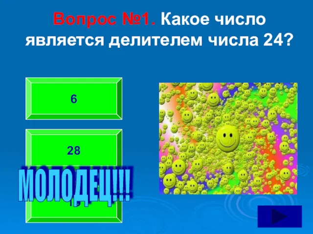 Вопрос №1. Какое число является делителем числа 24? 6 28 16 МОЛОДЕЦ!!!