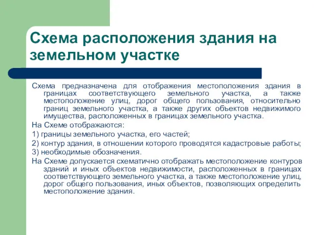 Схема расположения здания на земельном участке Схема предназначена для отображения