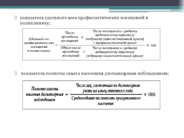 показатель удельного веса профилактических посещений в поликлинику; показатель полноты охвата населения диспансерным наблюдением;