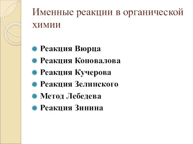 Именные реакции в органической химии Реакция Вюрца Реакция Коновалова Реакция