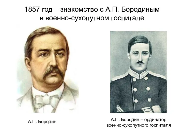 А.П. Бородин А.П. Бородин – ординатор военно-сухопутного госпиталя 1857 год – знакомство с