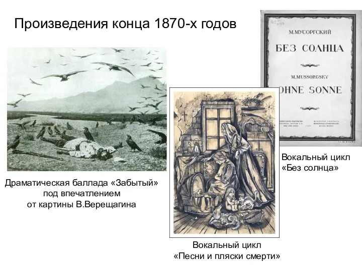 Произведения конца 1870-х годов Драматическая баллада «Забытый» под впечатлением от картины В.Верещагина Вокальный