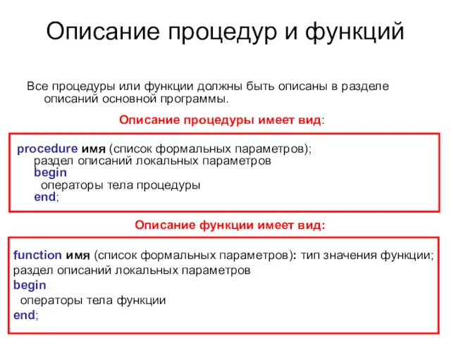 Описание процедур и функций Все процедуры или функции должны быть