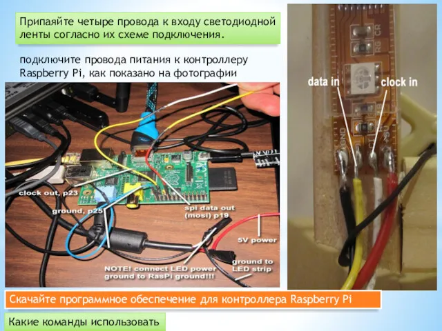 Припаяйте четыре провода к входу светодиодной ленты согласно их схеме