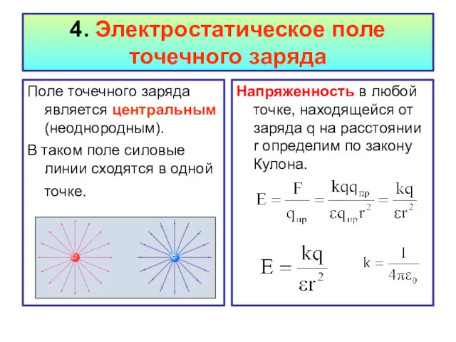 4. Электростатическое поле точечного заряда Поле точечного заряда является центральным