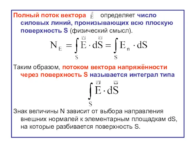 Полный поток вектора определяет число силовых линий, пронизывающих всю плоскую