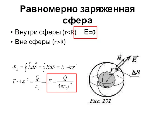 Равномерно заряженная сфера Внутри сферы (r Вне сферы (r>R)
